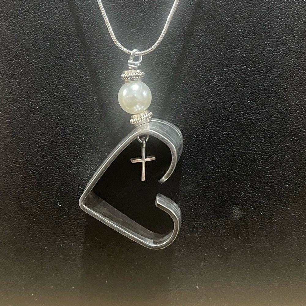 Cross my Heart Pendant Necklace with Pearl Accent  vintage silverware Jewelry